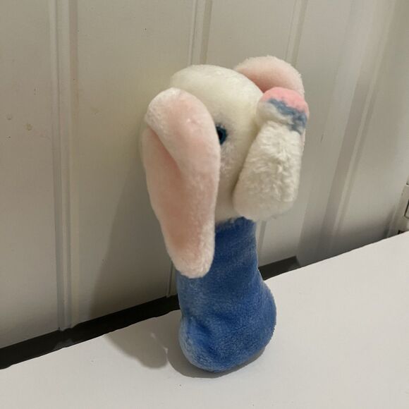 Elephant Rattle Plush Handle 7" Stuffed Vintage Blue White Eden Toys - Picture 6 of 9